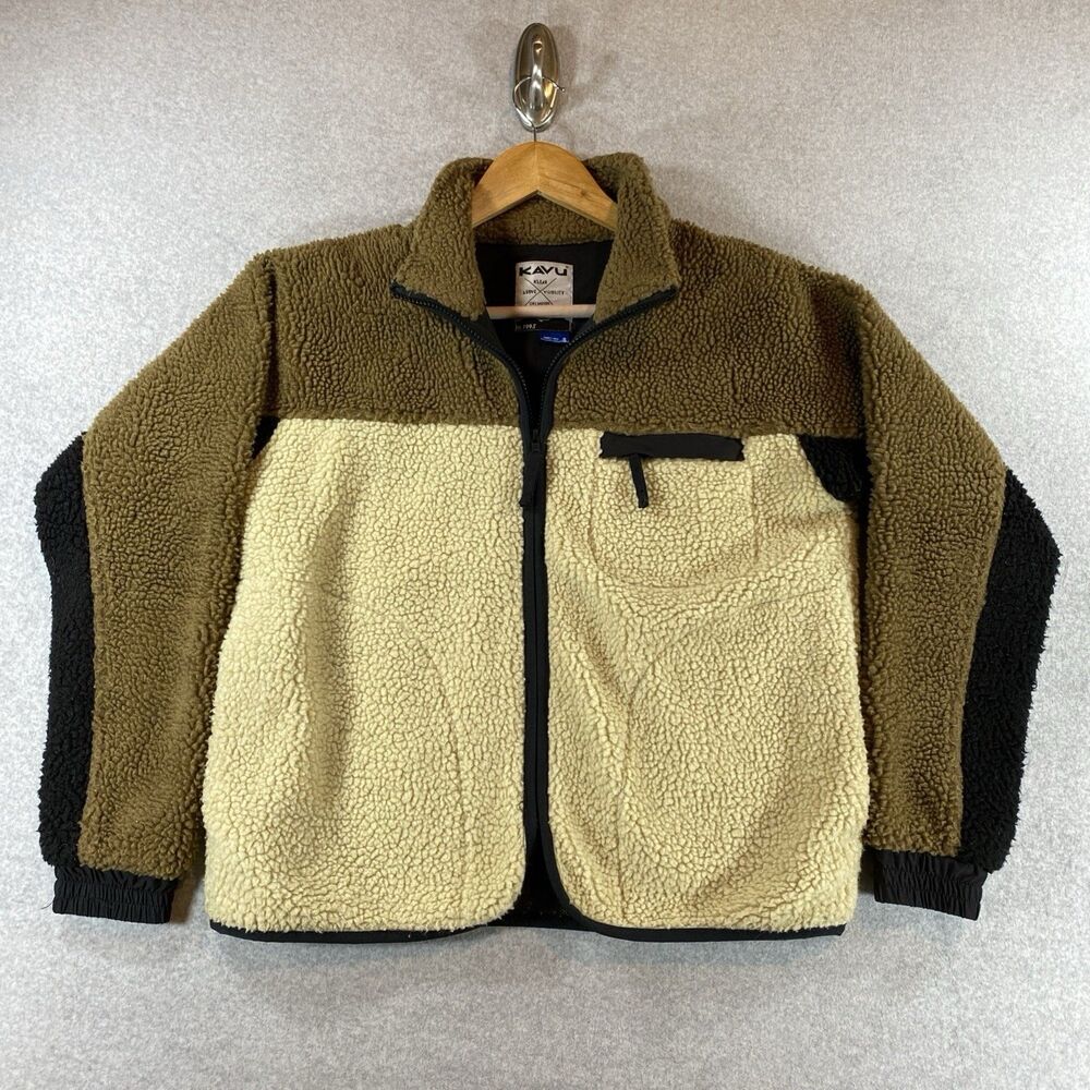 Kavu Sherpa Fleece Jacket Women's Small Brown Cream Black Full Zip Gorpcore